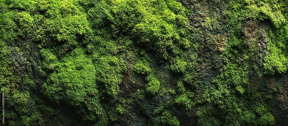 Close-up of dense green moss on rocky surface, organic textures, natural lighting highlighting depth and tranquility.