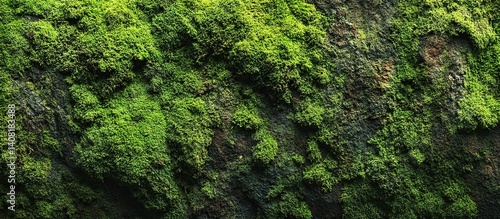 Close-up of dense green moss on rocky surface, organic textures, natural lighting highlighting depth and tranquility.