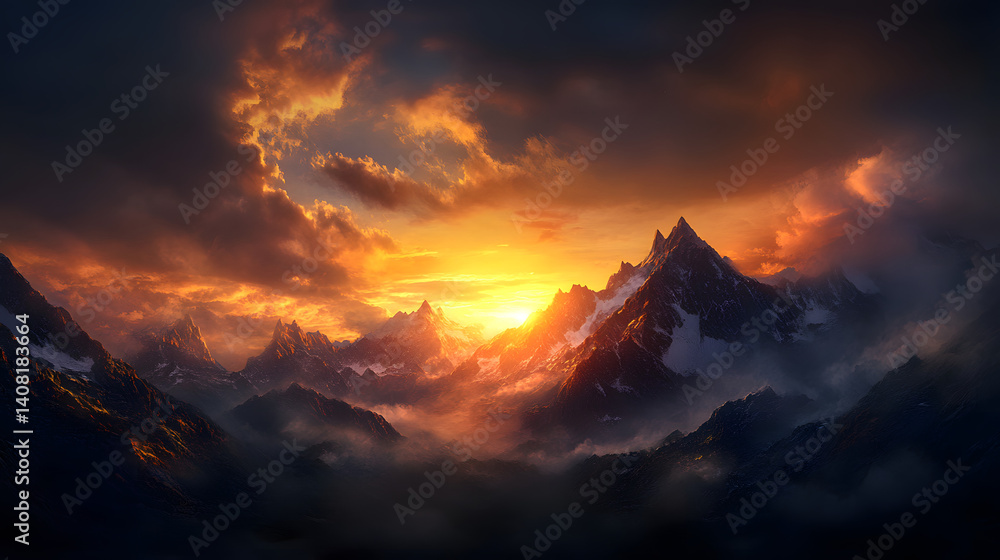 Obraz premium A stunning view of the sun setting behind rugged mountain peaks, with dramatic clouds adding to the scene.