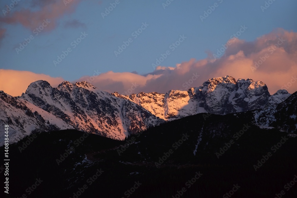 Panorama of Tatras mountains in sunset scenery from viewpoint Antalowka, Zakopane, Poland