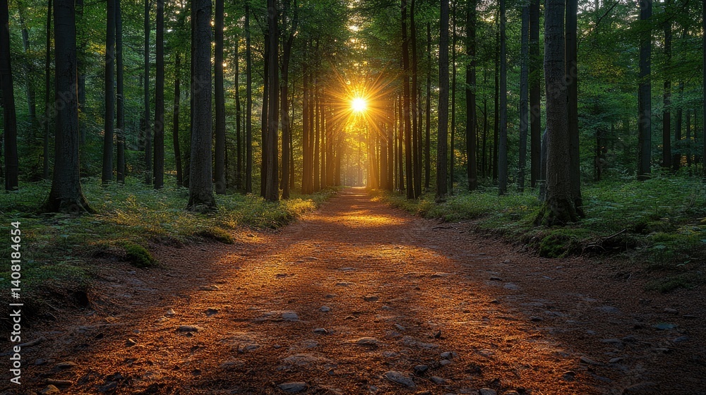 A Sunlit Path Through a Lush Forest. Generative AI A Sunlit Path Through a Lush Forest. Generative AI