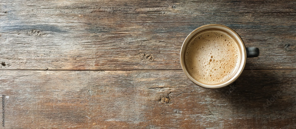 Black coffee cup with froth on rustic wooden table, soft lighting, contrast between ceramic and aged wood. Cozy, contemplative mood. Black coffee cup with froth on rustic wooden table, soft lighting, contrast between ceramic and aged wood. Cozy, contemplative mood.