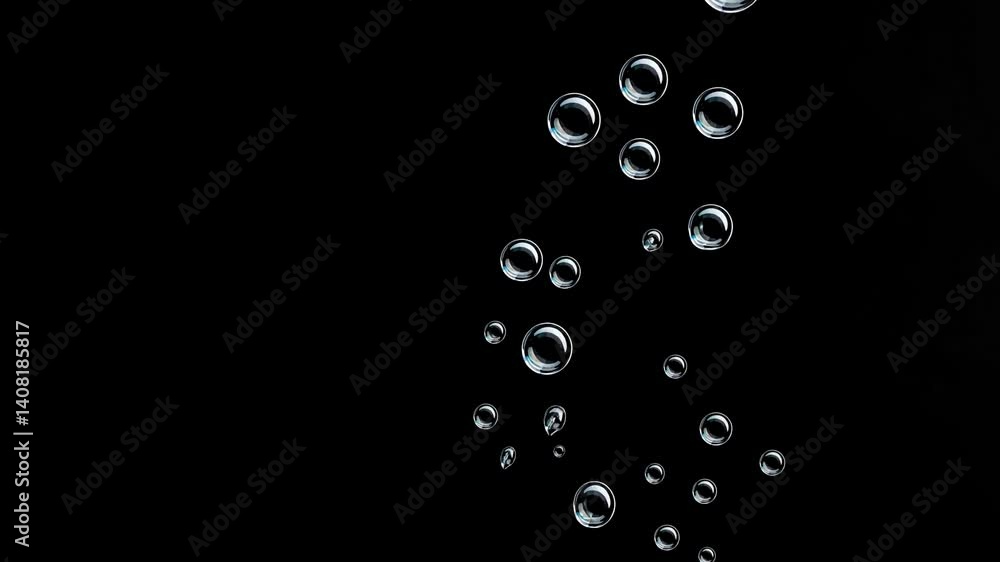 Soap Bubbles floating isolated on a Black Background. Air Bubbles for compositing. Colorful soap bubbles fly on empty space, transparent bubbles float