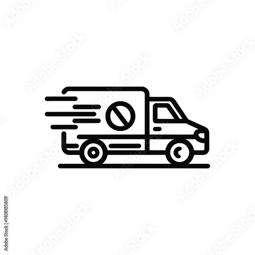 Delivery truck icon with speed lines and prohibition sign, fast shipping service unavailable or restricted transport vector, black line art of a moving van for logistics and courier apps