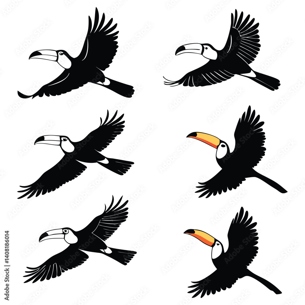 Obraz premium Flying toucan bird silhouette vector set – tropical jungle and exotic wildlife illustration