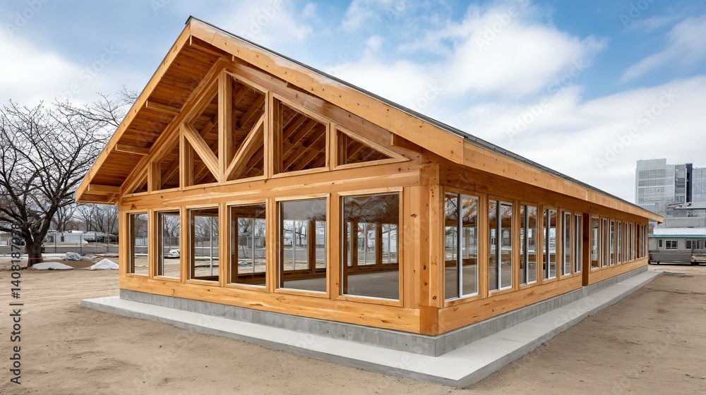 Obraz premium Construction framing of a new home with visible rafters and studs, symmetrical layout in daylight, modern building process in progress