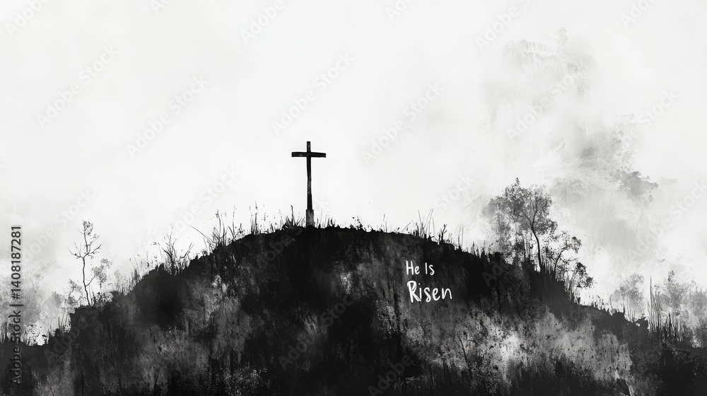 Obraz premium He Is Risen: Minimalist Grayscale Depiction of the Cross on Calvary Hill, Evoking the Hope and Promise of Easter, the Resurrection, and Christian Faith.