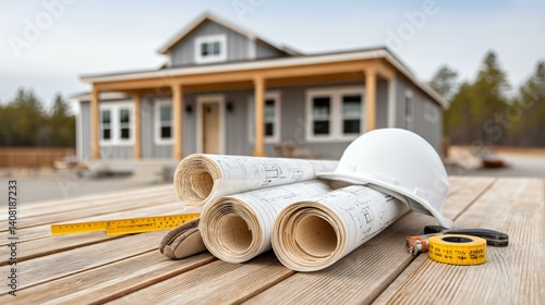 Obraz na płótnie Large rolled blueprint of modern single-family home, spread on outdoor site table at construction zone, surrounded by tools and measuring tape w salonie