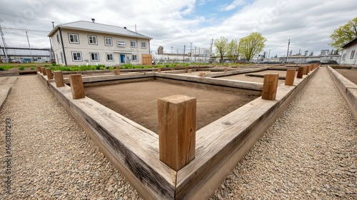 Residential construction site with foundation slab and early-stage wood framing, home plot clearly marked with boundary posts and gravel paths