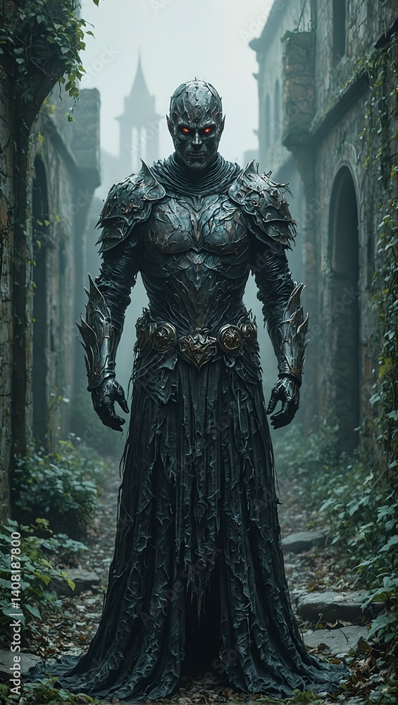 Naklejka premium Explore the eerie world of a brooding figure in tattered armor amidst ivy clad ruins exuding an aura of darkness and despair