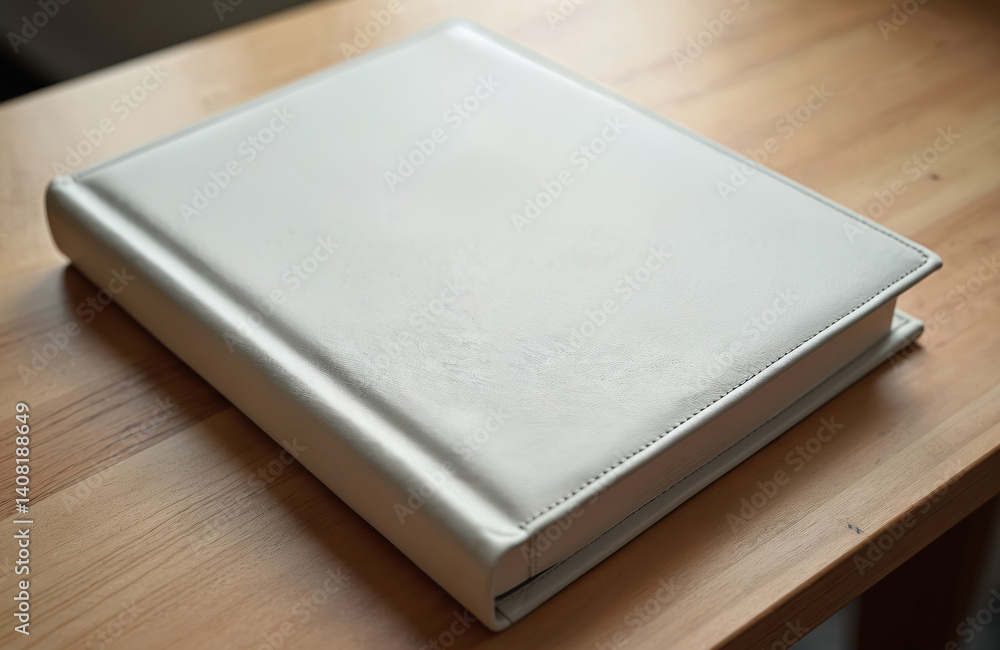 Fototapeta premium White leather photo album on wooden table. Handmade book in light cover. Premium binding. Family memories collection, art of photography, publishing, memories archive.
