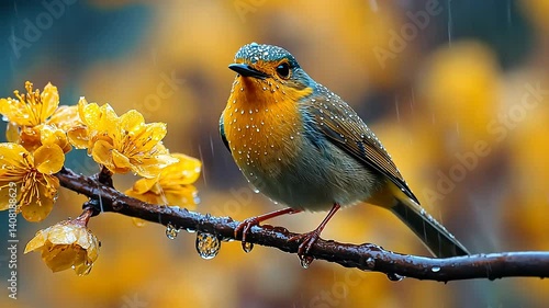 Colorful bird perched on a branch with raindrops, surrounded by blooming yellow flowers