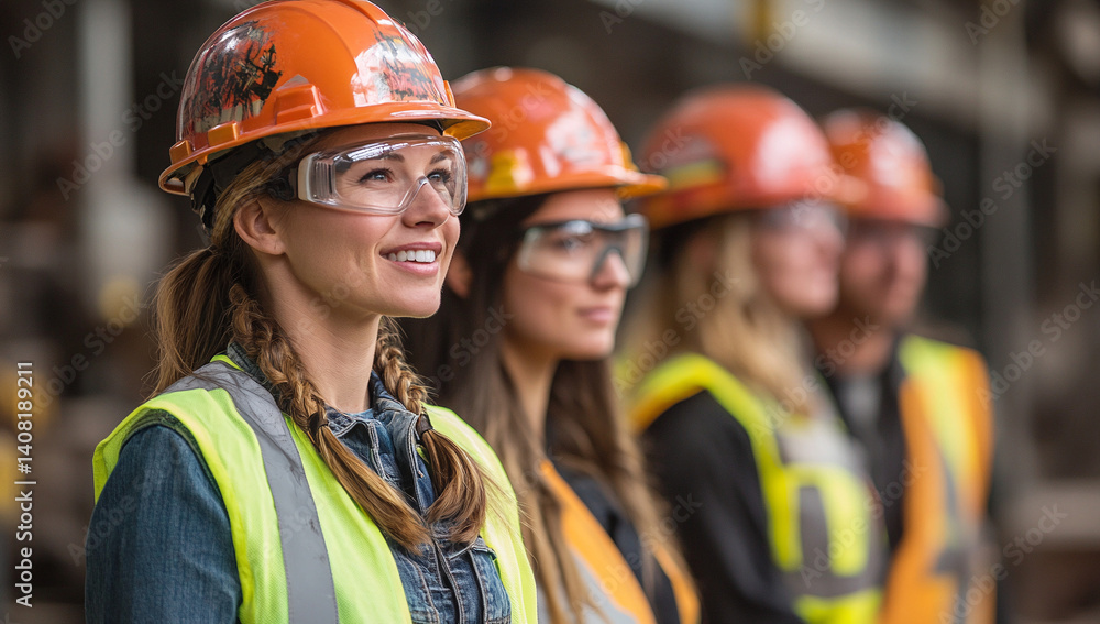 Obraz premium A young Caucasian woman smiles confidently while wearing a hard hat and safety vest alongside her team. Strong, capable, and ready to work.