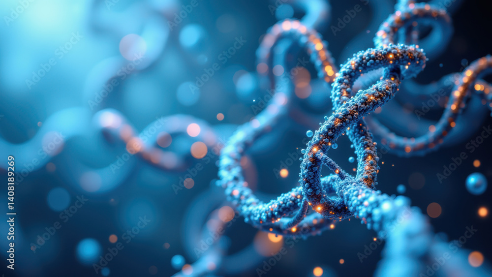 A close-up of a GLP1 molecule structure against a blue background with particles. A close-up of a GLP1 molecule structure against a blue background with particles.