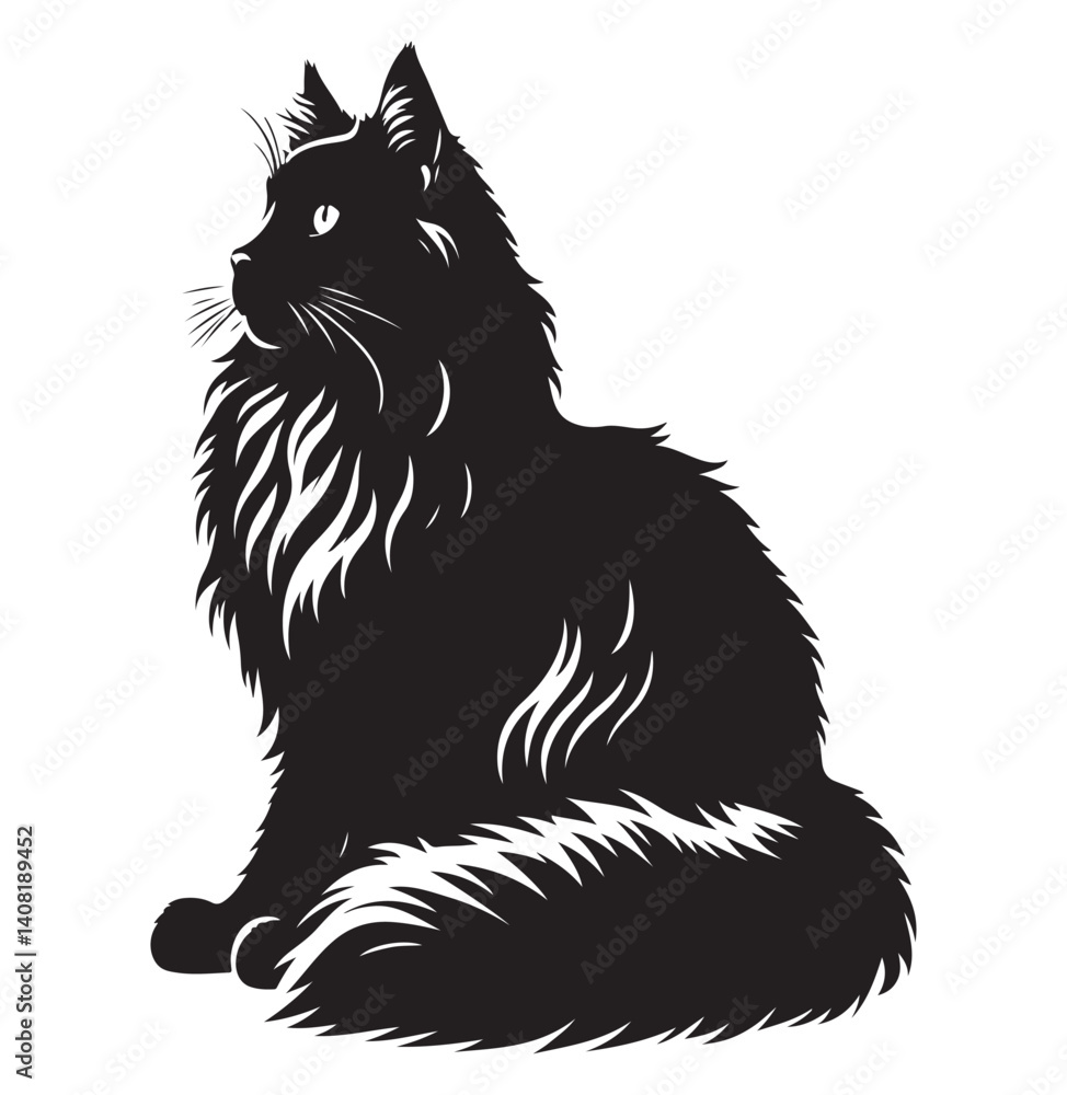 Obraz premium Norwegian Forest Cat Silhouette Vector Design, Cat Silhouette vector Illustration, Majestic Feline Outline Art
