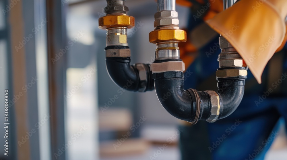 Obraz premium Plumber sealing pipes in a new home construction. Featuring plumbing and water system installation