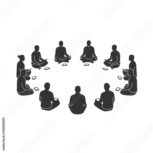 Group Digital Meditation Circle Using Apps Silhouette Vector