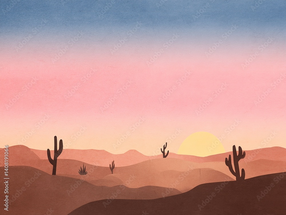 Fototapeta premium Desert Landscape with Cacti at Sunset Warm Tones and Minimalist Aesthetic