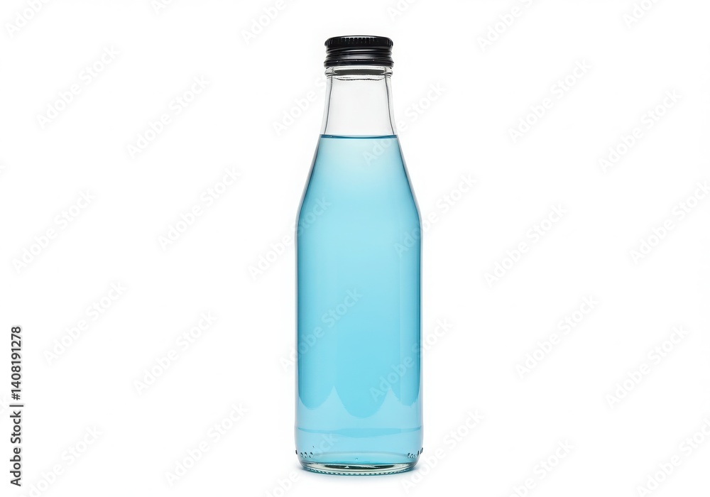 A glass bottle filled with a light blue liquid and a black cap isolated on a white background view A glass bottle filled with a light blue liquid and a black cap isolated on a white background view