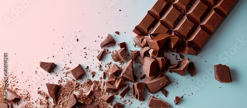 Broken chocolate bar pieces on pink-blue gradient background, crumbs/powder contrast, dynamic diagonal composition, warm brown tones.