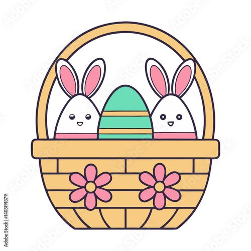 Cute Easter Bunny in Basket with Decorated Eggs

