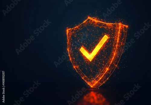 The glowing orange checkmark shield symbol is on a dark background cybersecurity concept.
