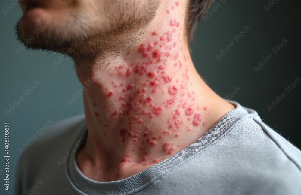 Naklejka premium Close-up of human skin covered with measles rash, red spots. Medical concept, health care problem. Contagious disease, infection, vaccination, treatment.