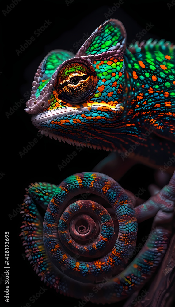 Obraz premium Close-up of a Colorful Chameleon Lizard on a Branch, Capturing Its Vibrant Green and Colorful Camouflage in Wildlife, Madagascar - Macro Photography of Exotic Reptile Creature with Intense Eyes