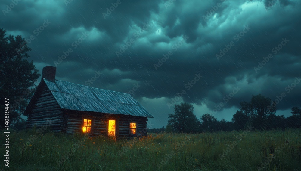 Fototapeta premium A rustic log cabin glows warmly under a stormy night sky rain falling softly on the field windows lit against the dark clouds a
