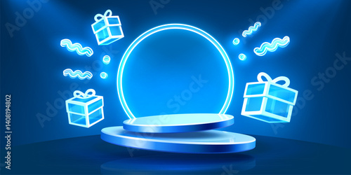 Gift scene mega sale, shopping podium banner, neon night pedestal. Vector