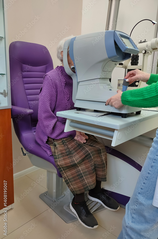 Optometry, slit lamp and eye exam by senior woman or patient with medical insurance using machine. Ophthalmology, eyesight and female test vision in clinic as eyecare during consultation