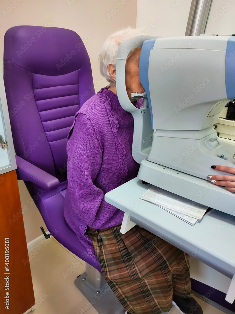 Optometry, slit lamp and eye exam by senior woman or patient with medical insurance using machine. Ophthalmology, eyesight and female test vision in clinic as eyecare during consultation