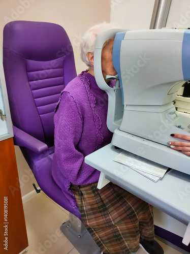 Obraz na płótnie Optometry, slit lamp and eye exam by senior woman or patient with medical insurance using machine. Ophthalmology, eyesight and female test vision in clinic as eyecare during consultation w salonie