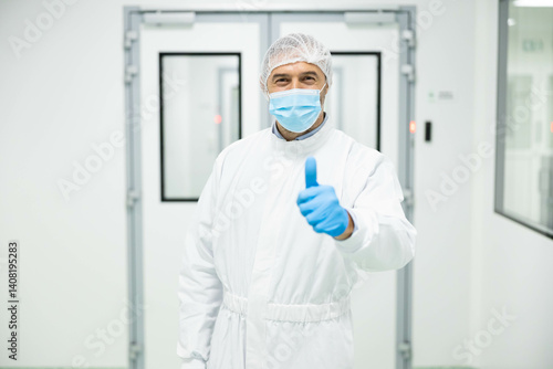 Photography A healthcare professional in cleanroom attire gives a thumbs up gesture, signifying confidence and commitment to safety protocols