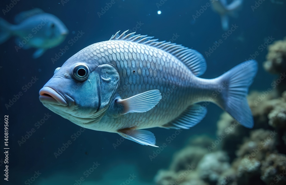 Nile tilapia fish swims in dark water. Marine life underwater scenery, aquatic environment, fish farm, fresh water food source. Commercial fish, mango fish species. Nile tilapia fish swims in dark water. Marine life underwater scenery, aquatic environment, fish farm, fresh water food source. Commercial fish, mango fish species.