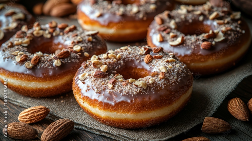 Powdered sucralose with almond meal glazed donuts and nut toppings for a healthy treat Powdered sucralose with almond meal glazed donuts and nut toppings for a healthy treat