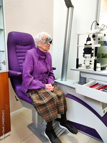 Obraz na płótnie Optometry, slit lamp and eye exam by senior woman or patient with medical insurance using machine. Ophthalmology, eyesight and female test vision in clinic as eyecare during consultation w salonie