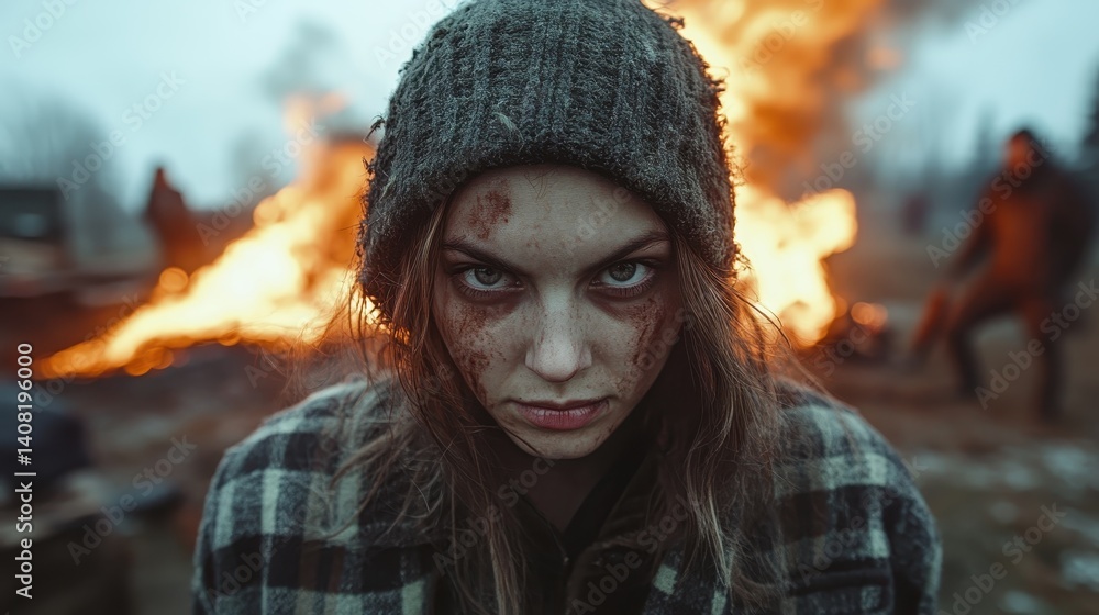 An emotionally charged portrait of a girl with dark eyes and messy hair stands against a burning ruin, capturing themes of despair and resilience in an unsettling yet captivating scene. An emotionally charged portrait of a girl with dark eyes and messy hair stands against a burning ruin, capturing themes of despair and resilience in an unsettling yet captivating scene.