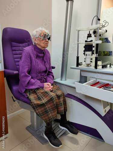 Obraz na płótnie Optometry, slit lamp and eye exam by senior woman or patient with medical insurance using machine. Ophthalmology, eyesight and female test vision in clinic as eyecare during consultation w salonie