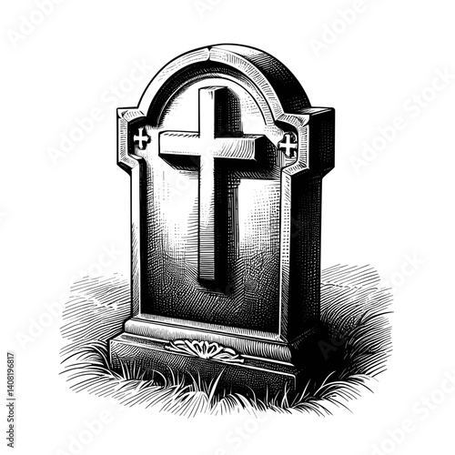 Tombstone with Cross on Grass Background  