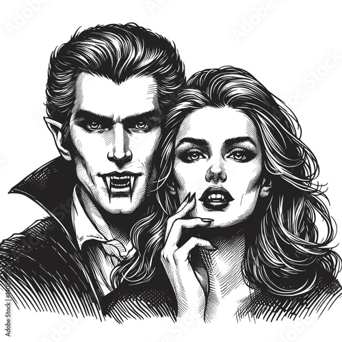 Gothic vampire couple portraying seduction in black and white style  