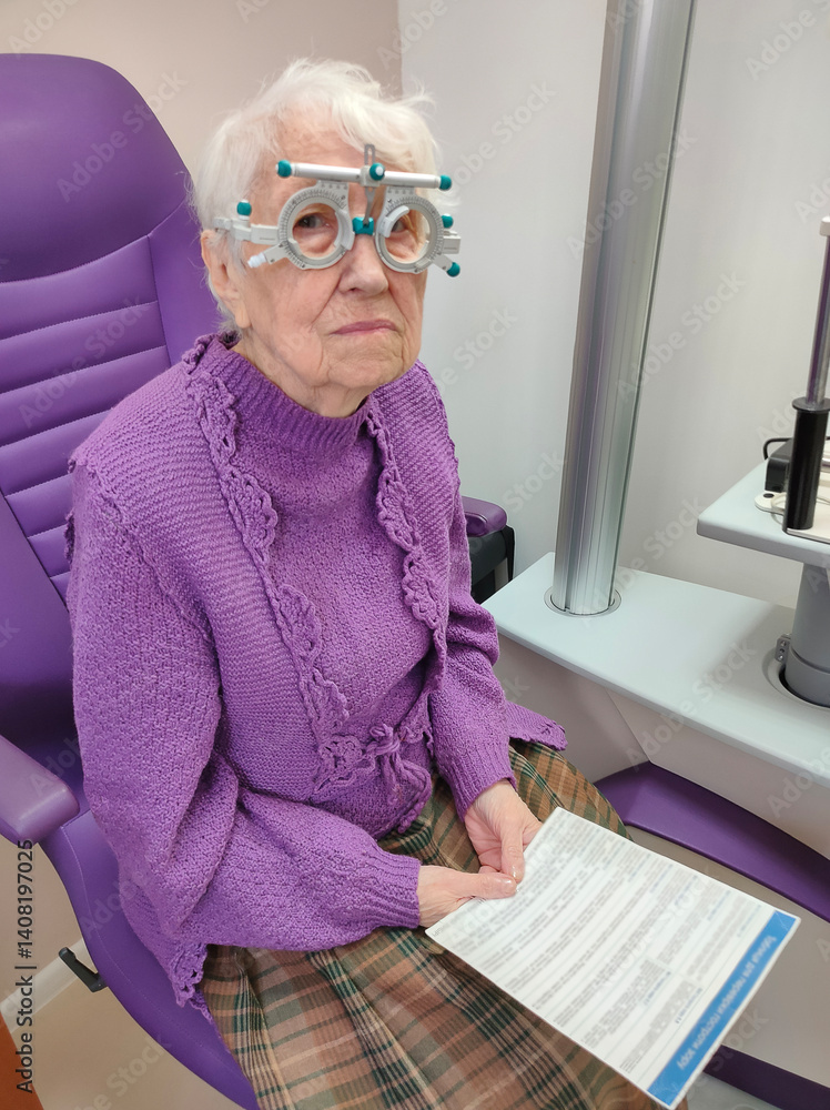 Optometry, slit lamp and eye exam by senior woman or patient with medical insurance using machine. Ophthalmology, eyesight and female test vision in clinic as eyecare during consultation