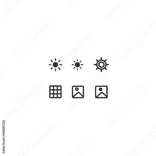 Simple hand-drawn icons representing brightness settings and image gallery options in a minimalist style.