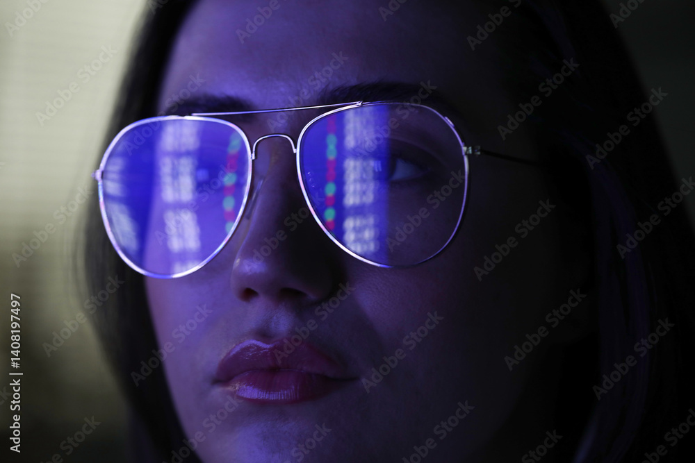 Young woman wearing glasses with reflection on dark background, closeup