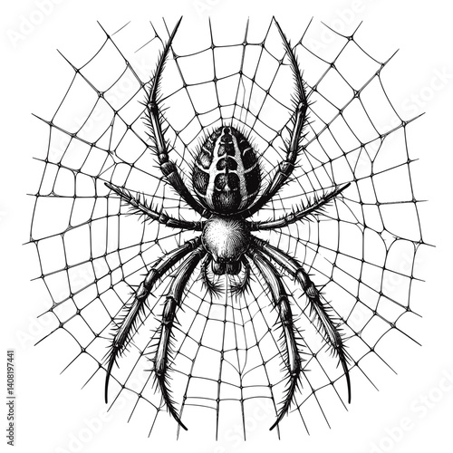 Spider creating a web in detailed black and white illustration  