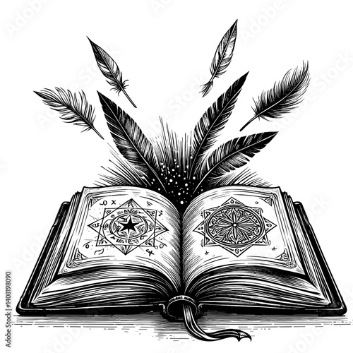Open book with feathers floating above in a creative style  