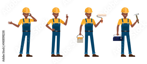 Construction worker character vector illustration design set. Presentation in various action.