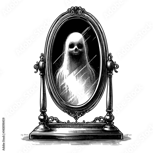Ghostly figure reflected in an ornate mirror  