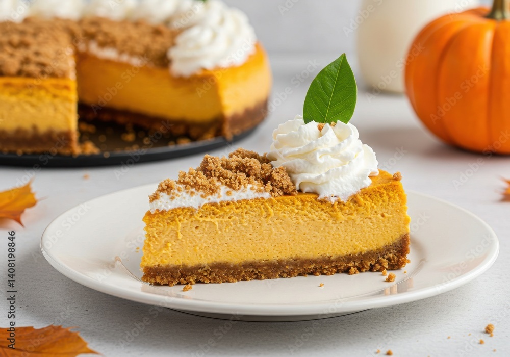 A slice of pumpkin cheesecake with whipped cream and a pumpkin on a white surface is displayed A slice of pumpkin cheesecake with whipped cream and a pumpkin on a white surface is displayed