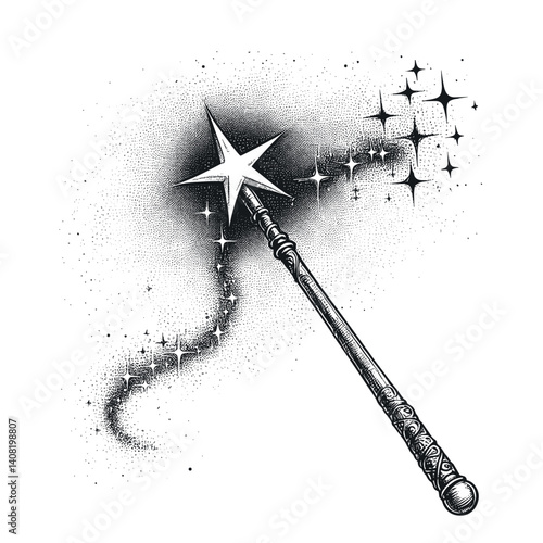 Magical wand with sparkling stars and swirling effects  